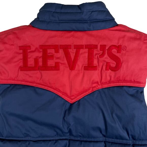Levi’s Youth Puffer Vest M | Red Blue Sherpa Collar Fleece Lined Zip Snap Retro - Picture 9 of 14